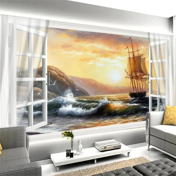 beibehang обои для стен 3 d На заказ белое окно картина с парусником вид на море фоновые стены papel de parede 3d обои