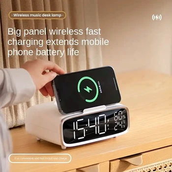 Беспроводное зарядное устройство Двойной будильник Bluetooth Динамик Телефон iPhone 14 13 12 Зарядное Устройство СВЕТОДИОДНЫЙ Гермометр Влажность Настольные часы Бумбокс