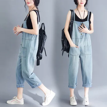 Лето 2019, Комбинезоны для женщин, джинсовые комбинезоны, Повседневный Свободный Светло-голубой джинсовый комбинезон в Корейском стиле для дам AA4948