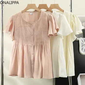 Женская плиссированная блузка со сладкими оборками Onalippa, женская универсальная рубашка с круглым вырезом и рукавами-бабочками, модные шикарные однобортные рубашки