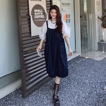 Свободное женское платье с джинсовым ремешком 2023, летнее элегантное платье в корейском стиле, повседневные ковбойские платья на подтяжках средней длины с карманами для девочек 6606