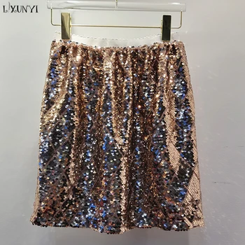 Эластичная юбка с пайетками, женская Весенне-летняя новая Мини-юбка трапециевидной формы с высокой талией, женские Корейские повседневные юбки для вечеринок тонкого дизайна