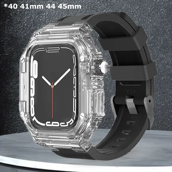 Комплект модификации Чехол + Ремешок Для Apple Watch 8 7 45 мм 41 мм Резиновый Спортивный ремешок Прозрачная Крышка Для iWatch Серии 6 se 5 4 40 44 мм