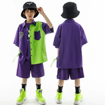 Модное Фиолетовое пальто, Свободные шорты, Костюм для девочек, Джазовые современные Танцевальные костюмы, хип-хоп Танцевальная Уличная одежда для мальчиков, Рейв-одежда DN15331