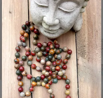 Длинное ожерелье 108 бусин Мала Природный камень PicassoJasper Камни Коричневое ожерелье с кисточками Ожерелья для йоги с ручным узлом Ожерелья Мала Ожерелья