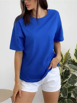 Летняя женская хлопковая футболка 2023 года, S-5XL, повседневный свободный однотонный пуловер, футболка, женская базовая футболка в корейском стиле с круглым вырезом оверсайз Оверсайз