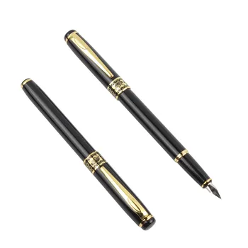2 шт./лот Высококачественная перьевая ручка Classic из нержавеющей стали, перьевая ручка Business medium, новая ручка с черной золотой отделкой, кончик 0,5 мм