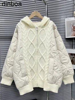 Dinboa-зимнее Вязаное пальто с капюшоном и хлопковой подкладкой Контрастный Кардиган Свободная Корейская верхняя одежда Оверсайз 2023 Весна Лето Новинка