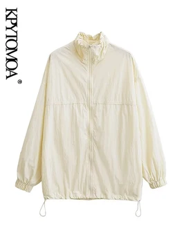 KPYTOMOA Женская мода с карманами, нейлоновая куртка оверсайз, винтажная женская верхняя одежда на молнии спереди с длинным рукавом, шикарные топы