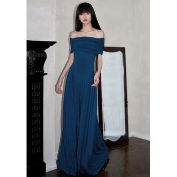 Платье-ниша с открытыми плечами, Однотонный пуловер с открытым вырезом, Приталенный Длинный комплект из двух предметов, Павлиньего синего цвета, Удлиненный в обычном стиле