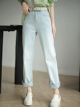 Летние синие модные повседневные джинсы, женские карманы, Элегантные винтажные прямые брюки, женские джинсовые брюки в корейском стиле с высокой талией, 2023