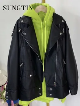 Женские куртки Sungtin Moto Biker из искусственной кожи Классическая черная куртка из искусственной кожи с поясами 2023 Осень Зима Уличная одежда Женские пальто