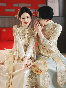 Свадебное платье Чонсам в китайском стиле, элегантное, с блестками, расшитое бисером, вышивка Феникса, кисточки, одежда для тостов Qipao