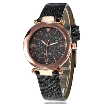 Новое поступление Весенний стиль Модные повседневные Яркие женские часы со звездным циферблатом Кожаный ремень Звездная Леди Часы для студенток