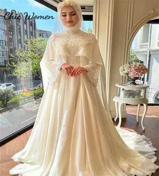 Роскошное исламское свадебное платье с накидкой, Элегантное кружево с длинным рукавом, Бохо, Турция, Марокканское, Дубай, свадебное платье, Арабская невеста 202