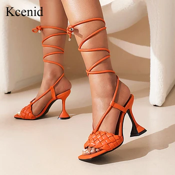 Летние сандалии-гладиаторы Kcenid, Пикантные женские туфли на высоком каблуке с перекрестным ремешком на лодыжке и квадратным носком, модные плетеные дизайнерские женские босоножки