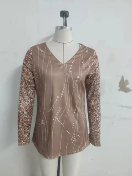 Модная женская блузка с V-образным вырезом и длинным рукавом, дышащая рубашка с блестящим принтом в стиле пэчворк, блузка, топы, женская клубная одежда, весна