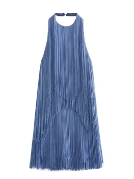YENKYE 2023, женское синее сексуальное короткое платье с бахромой на бретелях без спинки