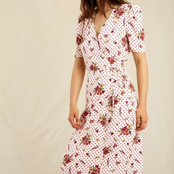 Женское платье Весна / лето 2023, женское платье в стиле ретро с V-образным вырезом и цветочным рисунком в горошек на шнуровке
