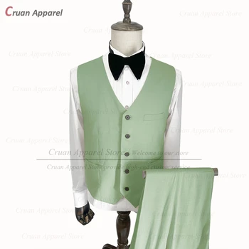 Армейский зеленый льняной мужской костюм приталенного покроя, повседневный тонкий костюм, жилет, брюки, комплект, формальный летний выпускной, деловые Свадебные смокинги для мужчин, женихов