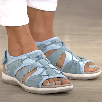Женщины 2023 Летние походные туфли на плоской подошве с перекрестной резинкой, сандалии с открытым носком, обувь для шитья в стиле пэчворк, Повседневная обувь, Большие размеры 43