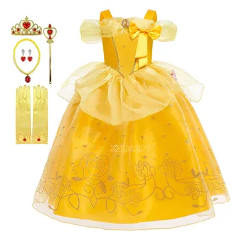 Платье Belle для девочки, детское бальное платье принцессы с цветочным рисунком, детский карнавальный костюм для красоты, необычная праздничная одежда для Хэллоуина, косплей