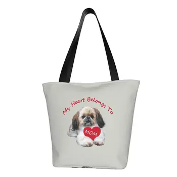 Изготовленная на заказ холщовая хозяйственная сумка Shih Tzu Heart Belongs To Mom, женская сумка для покупок, Прочные Сумки для покупок для домашних собак